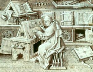 L'amanuense era la figura professionale di chi, per mestiere, nel medioevo ricopiava manoscritti a servizio di privati o del pubblico. Immagine da Wikipedia. 
